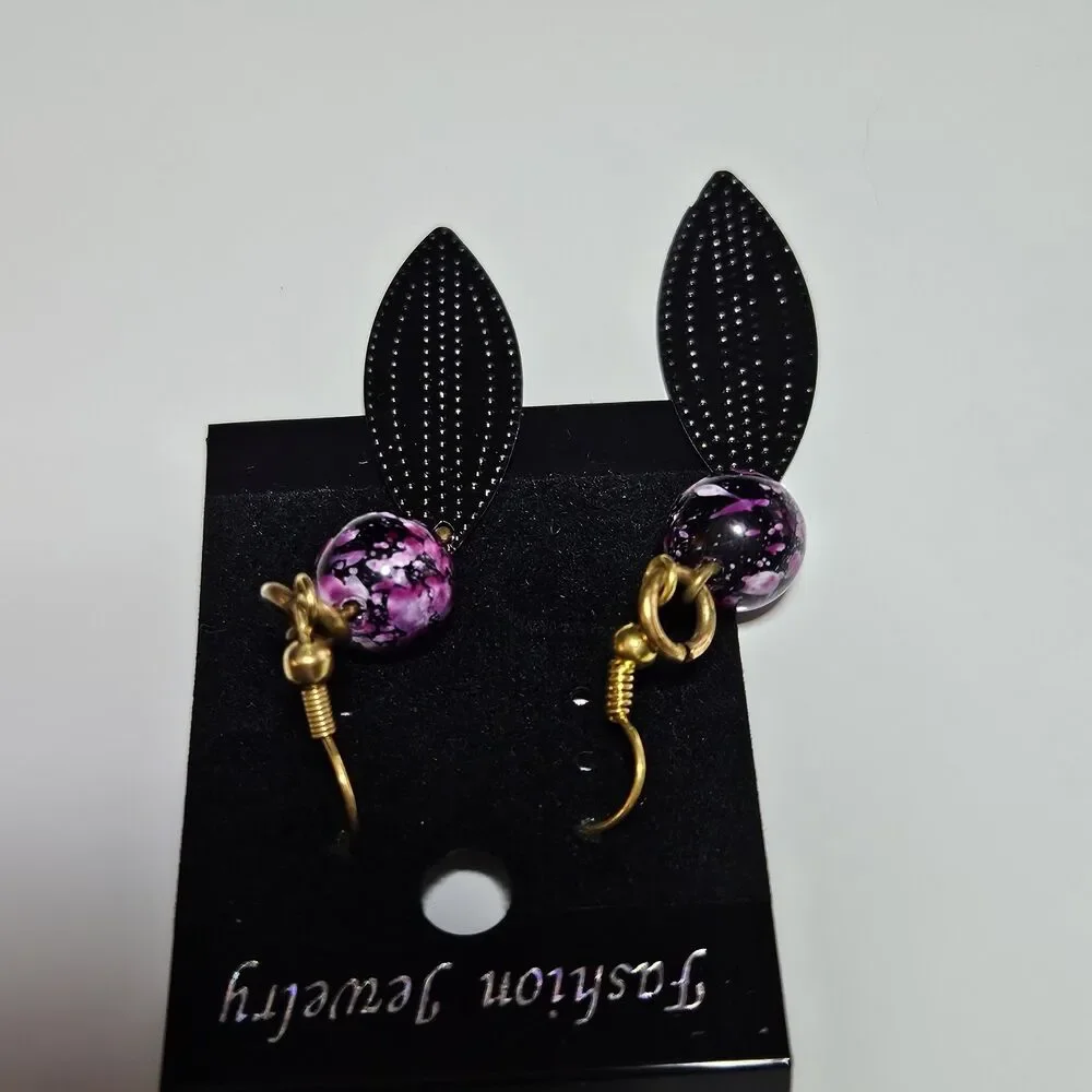 Gold Tone Purple Bead Black Metal Dangling Earrings